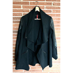 SPANX Black Faux Leather Sleeve Drape Jacket | Ponte Moto Style | M